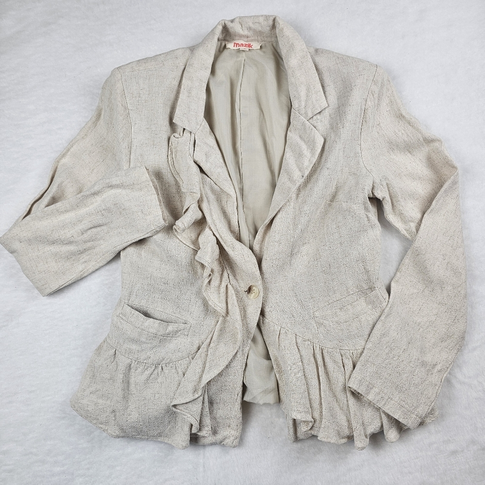 Mazik Beige Ruffle‎ Linen Blend Blazer  Small Office Work Professional Demure *